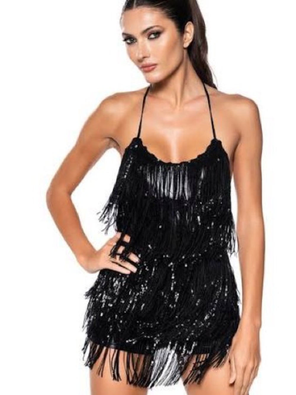 AKIRA Black Sequin Fringe Halter Romper Dress XL
